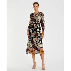 Mac Duggal Floral Applique Long Sleeve Midi Dress Black Multi Sz 10 STYLE 68462